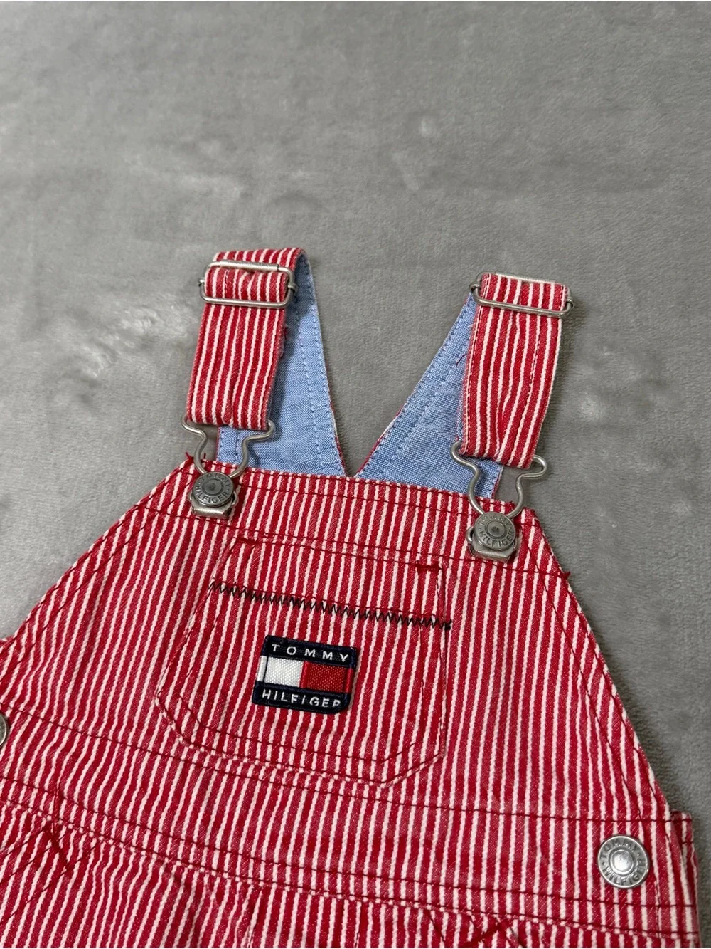 Vintage Y2K Tommy Hilfiger Baby Denim Pinstripe Overalls Size 6-12 Months Red
